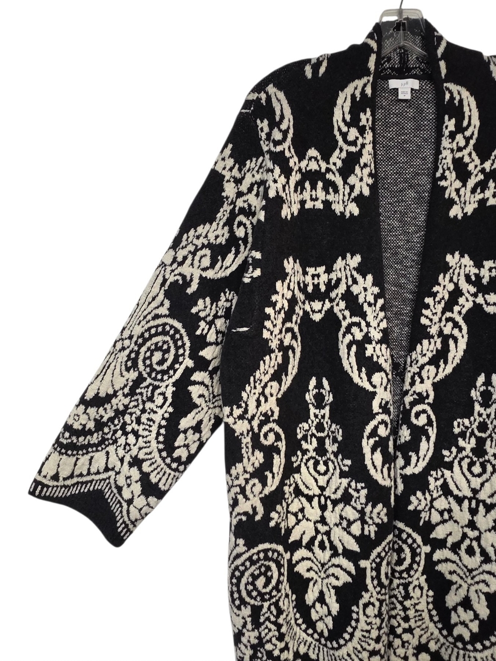 J.Jill Black Cream Paisley Jacquard Longline Open Front Cardigan Sweater M - Picture 9 of 14